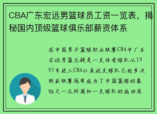 CBA广东宏远男篮球员工资一览表，揭秘国内顶级篮球俱乐部薪资体系